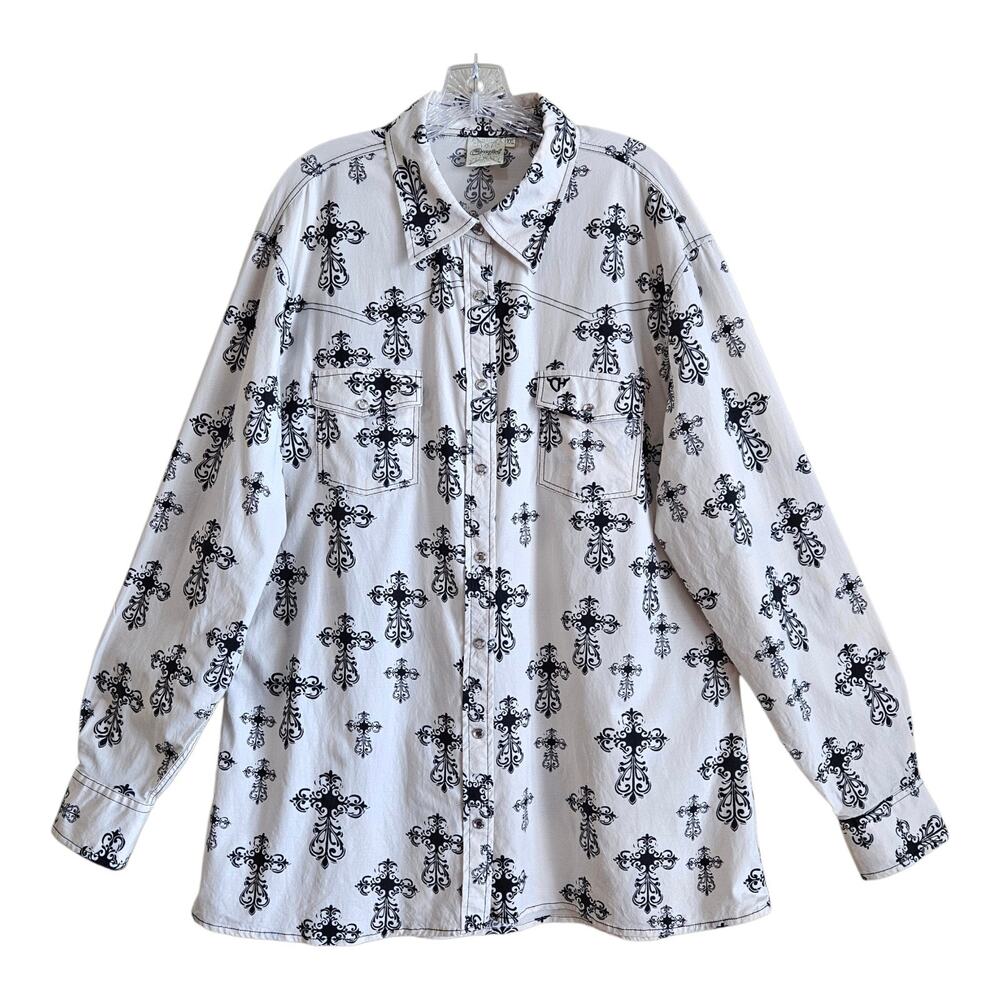 COWGIRL HARDWARE Women Plus XXL Western Bamboo Shirt Bling Snaps Black Beige 50"